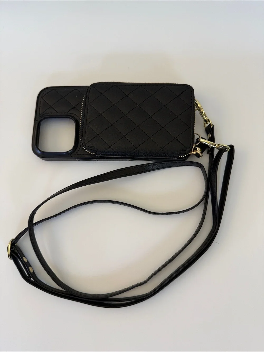 Black Quilted Wallet Phone Case with adjustable strap. iPhone 16 ProMax